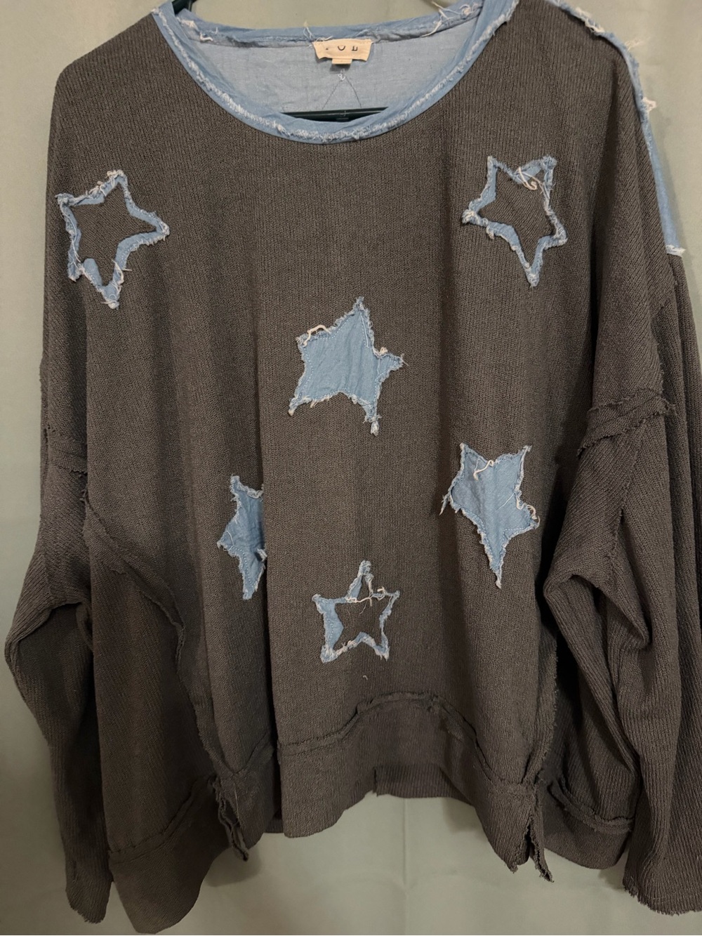 POL Gray Crewneck Sweater with Light Blue Star Appliqués
